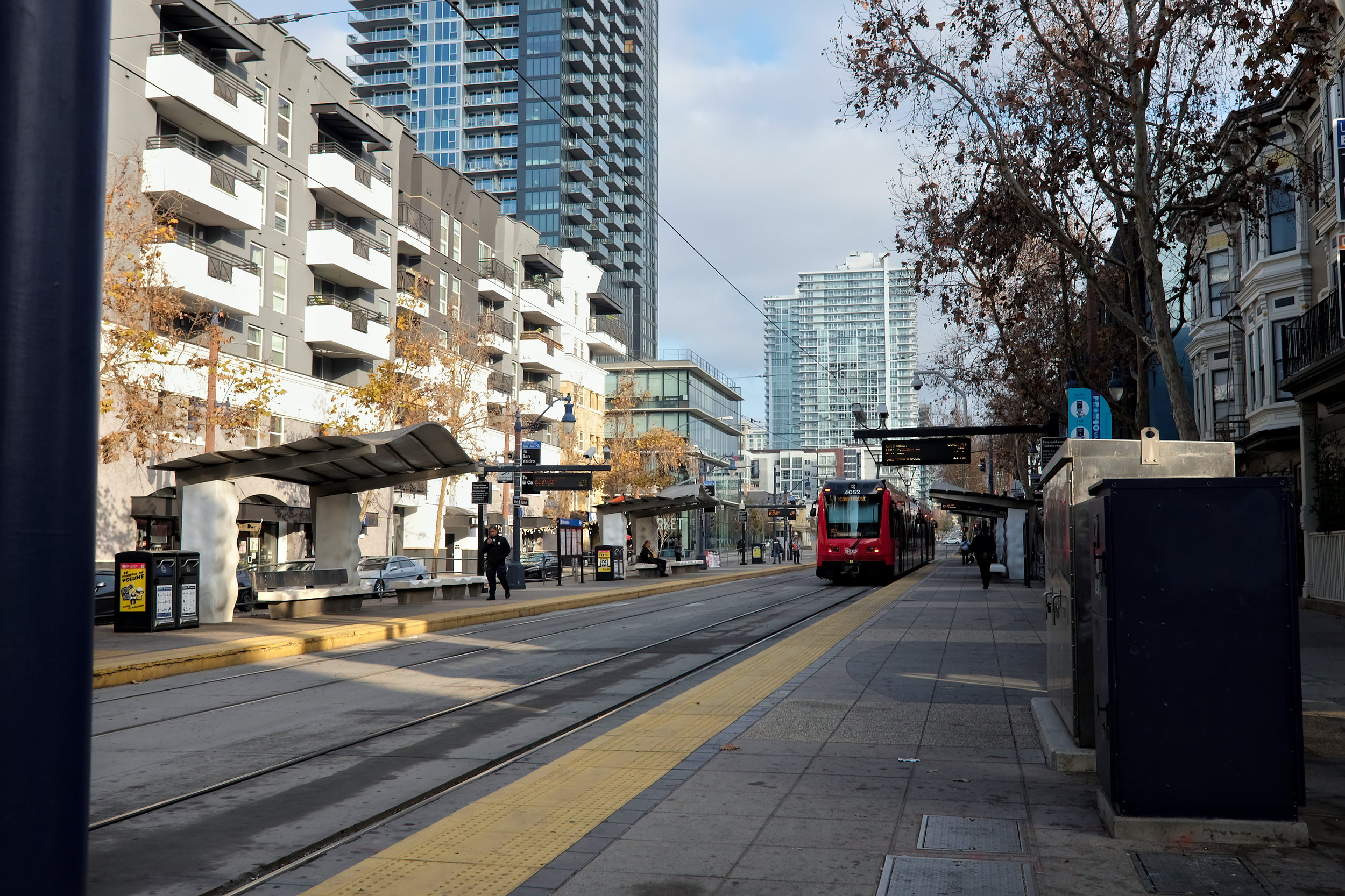 A trolley on the tracks in San Diego