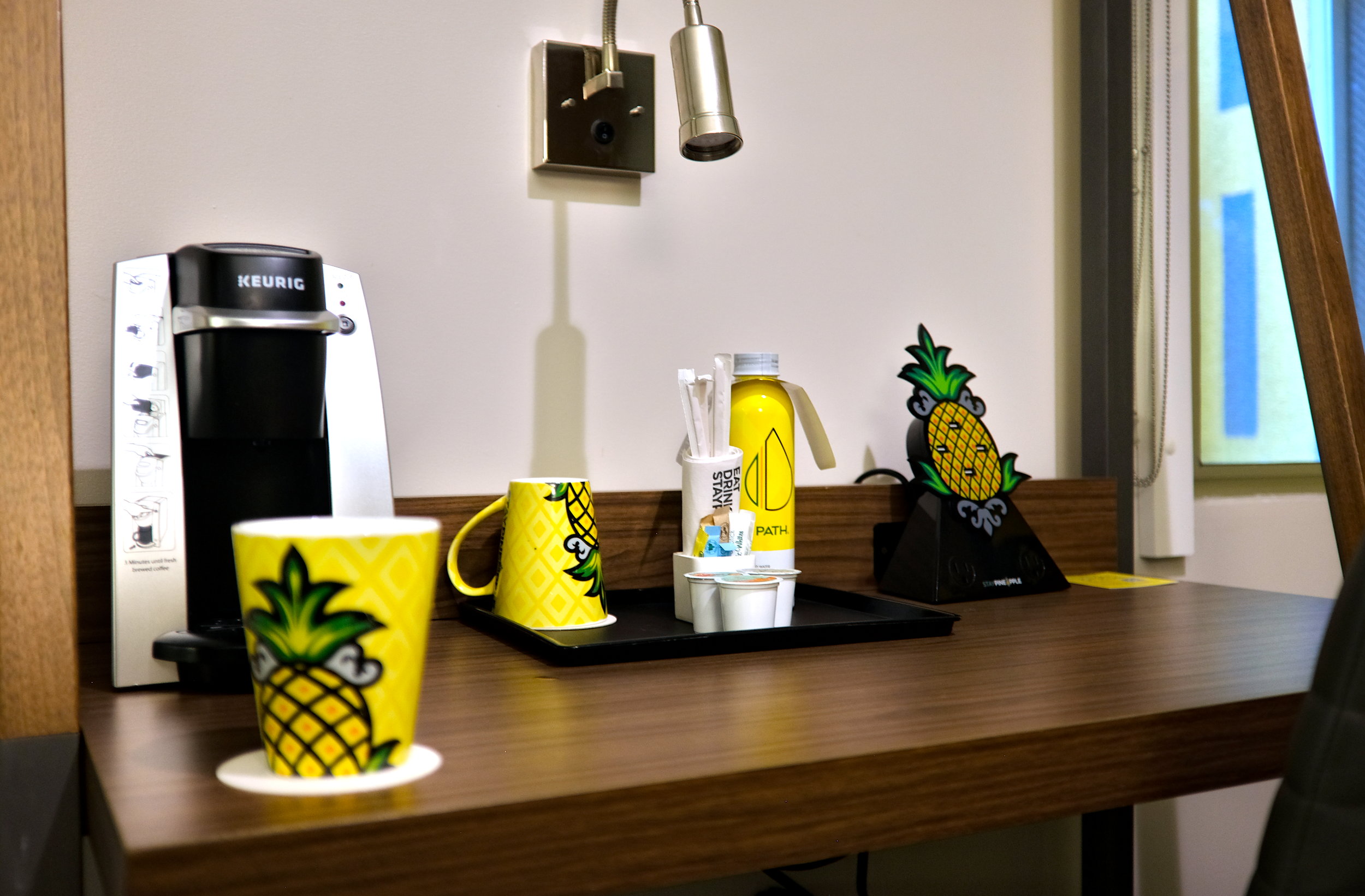 The desk and coffee station at Hotel Z