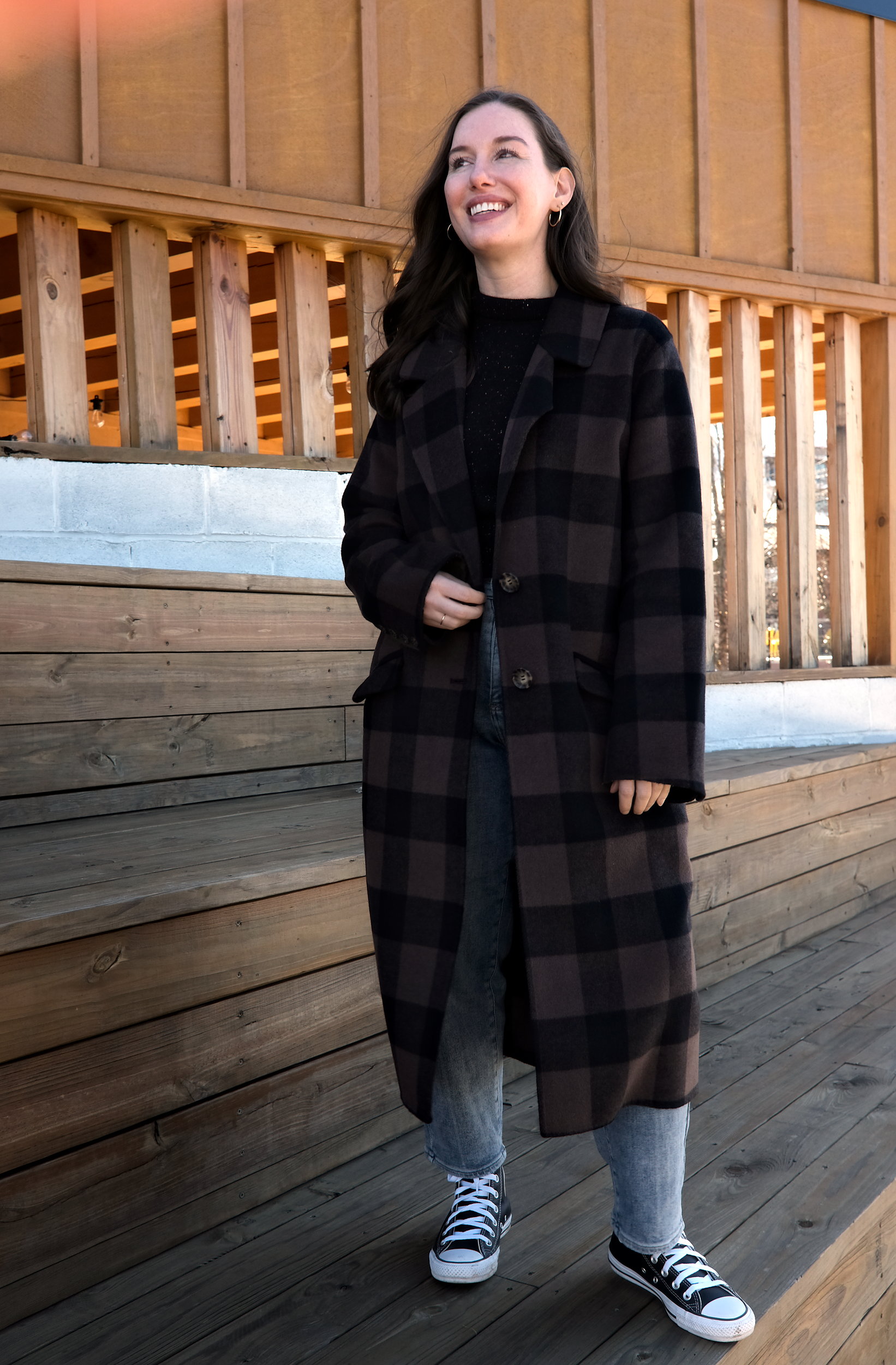 Alyssa wears the Double Face Luxe Coat with jeans and sneakers