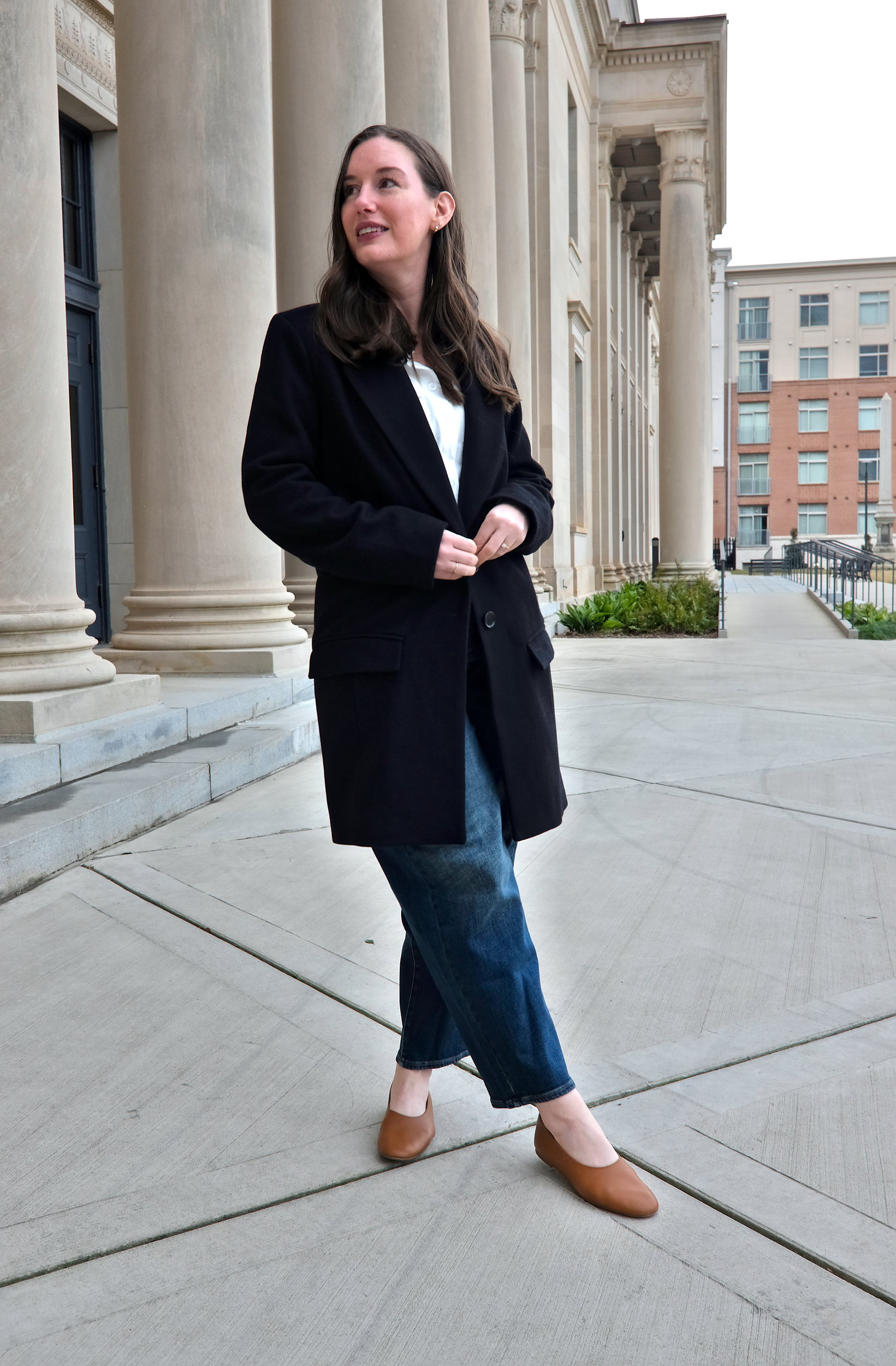 Alyssa buttons the Harlow Classic Wool Coat